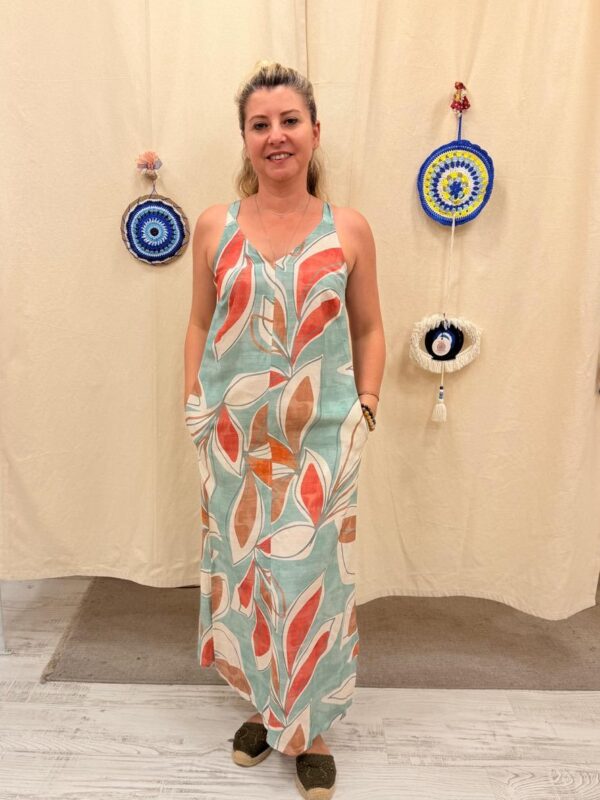 Enjoy İpek Keten Yaprak Desen Elbise